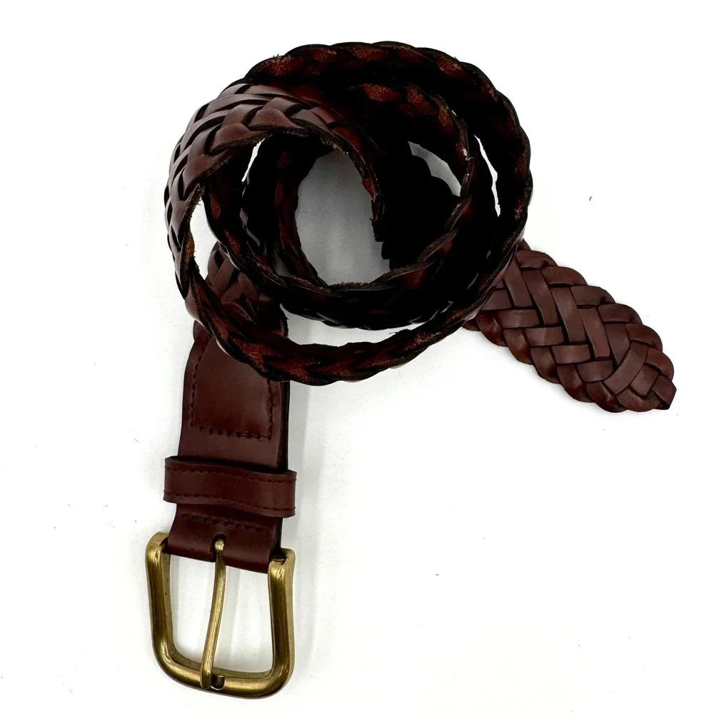 Woven Braided Leather Belt Mens Size M Brown Brass-Tone Buckle Casual Dress